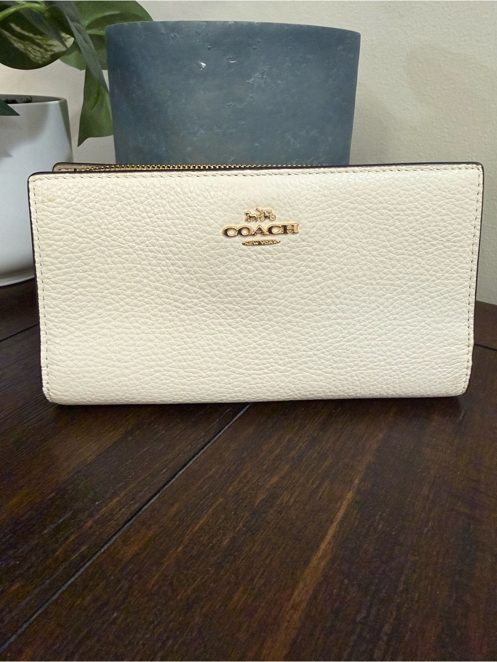 Coach Cream Pebbled Leather Zip Wallet with Gold Logo Detail